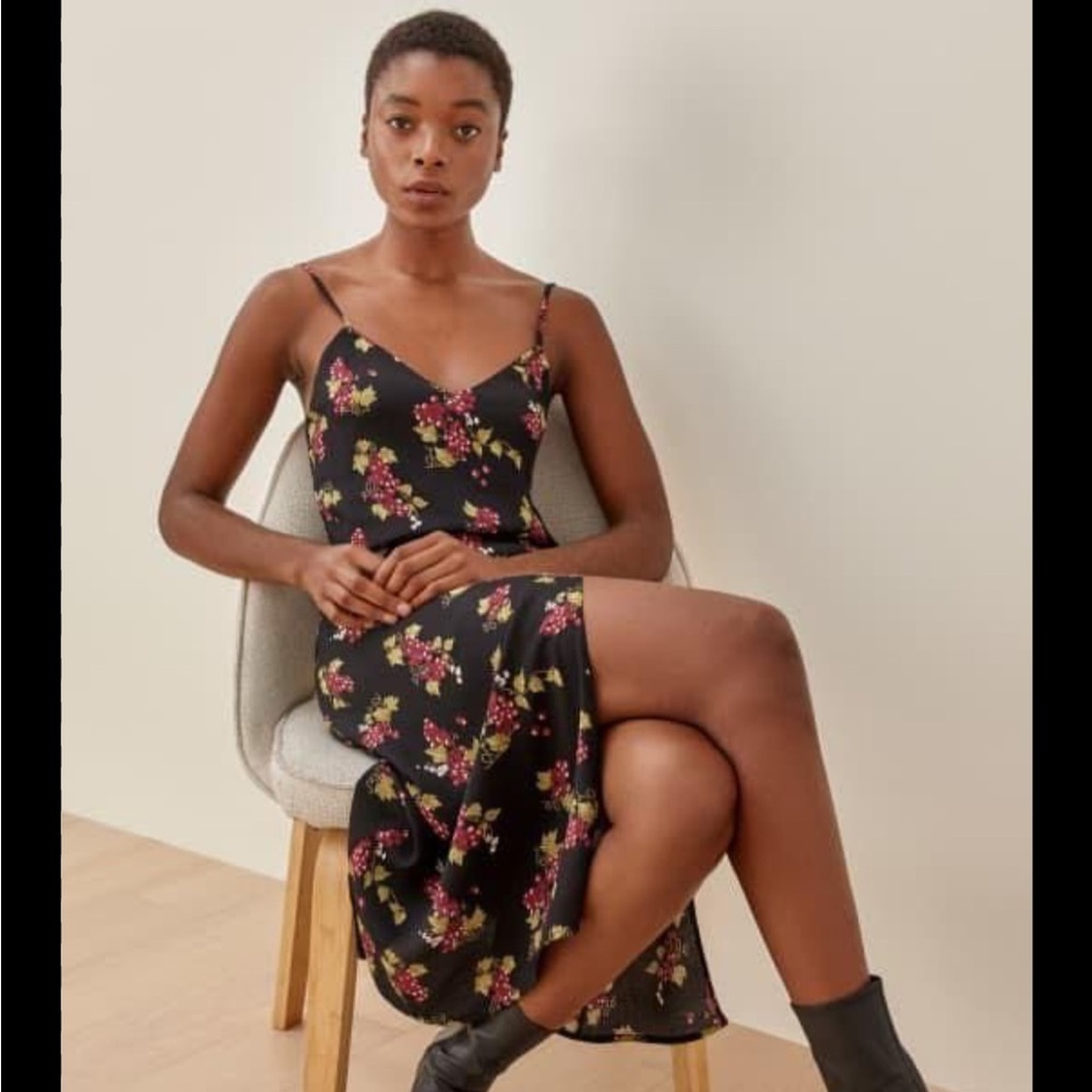 Reformation Black Floral Midi Dress with Pink and Green Accents